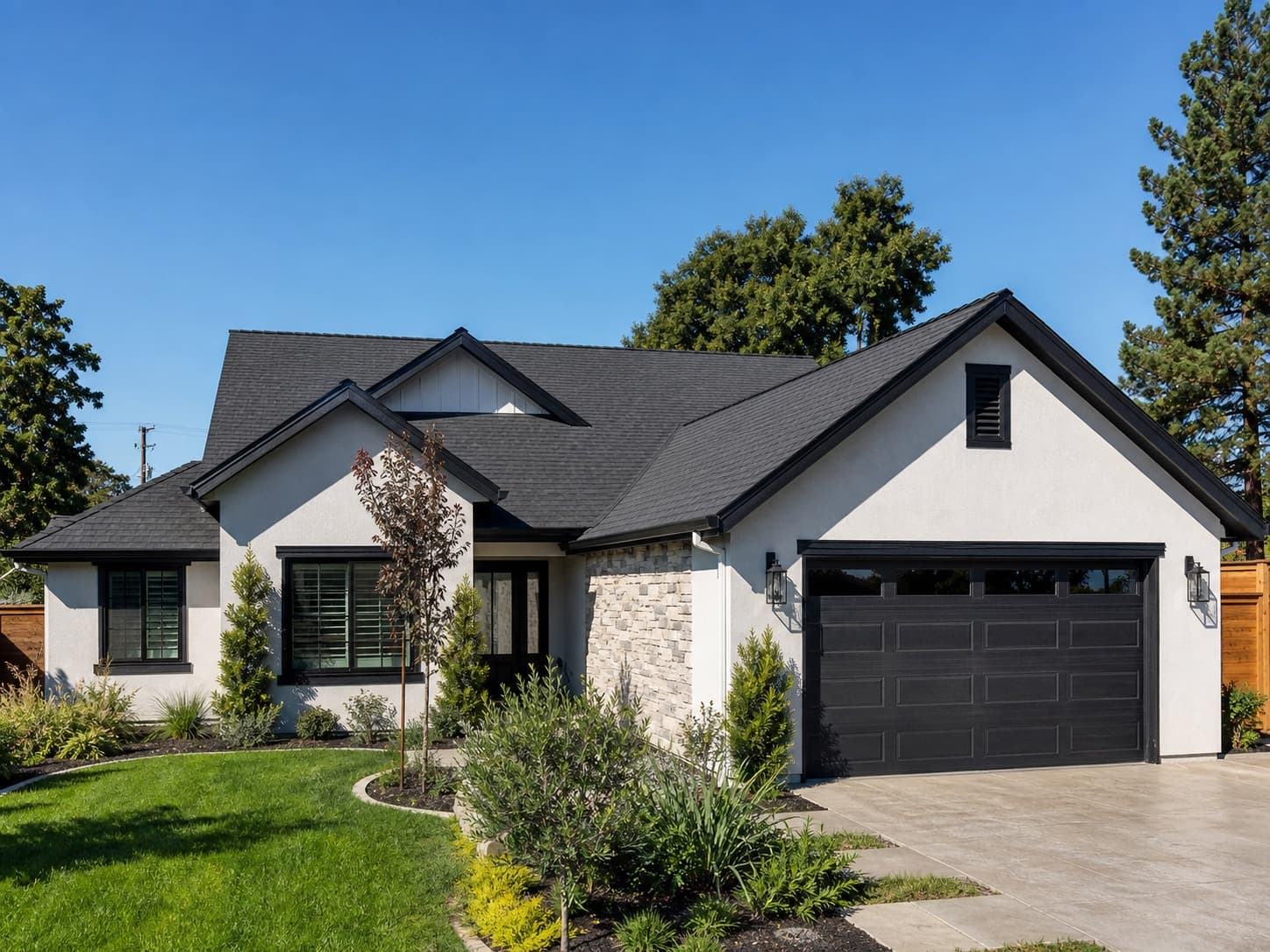 Sacramento home with a brand new dark grey asphalt shingle roof