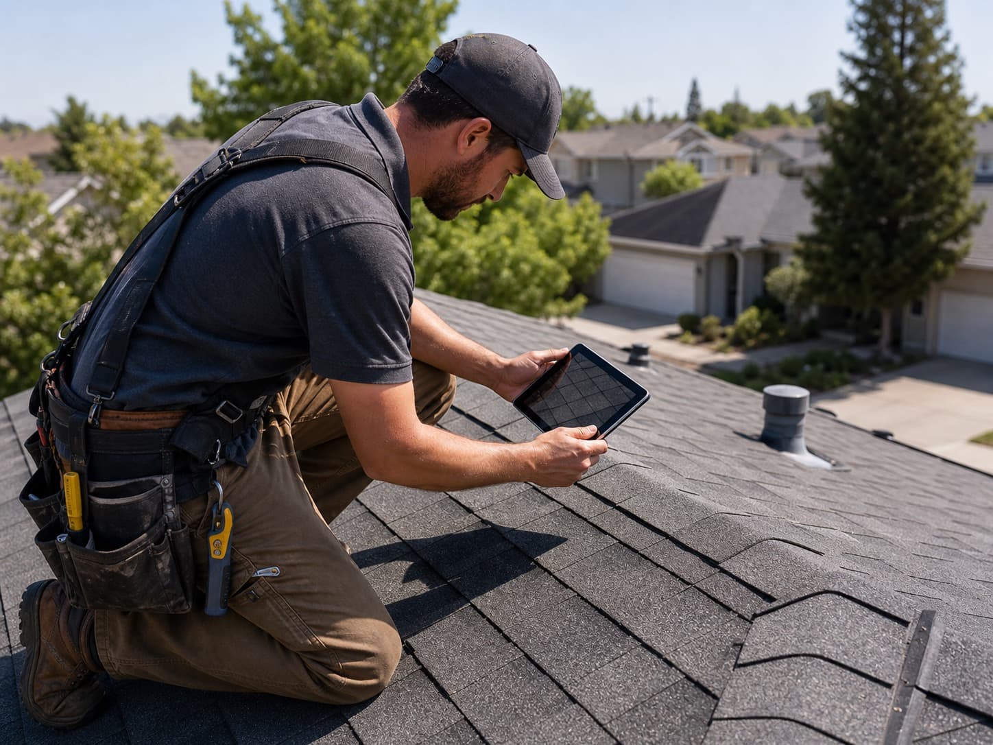 Professional roofer inspecting shingles with a tablet