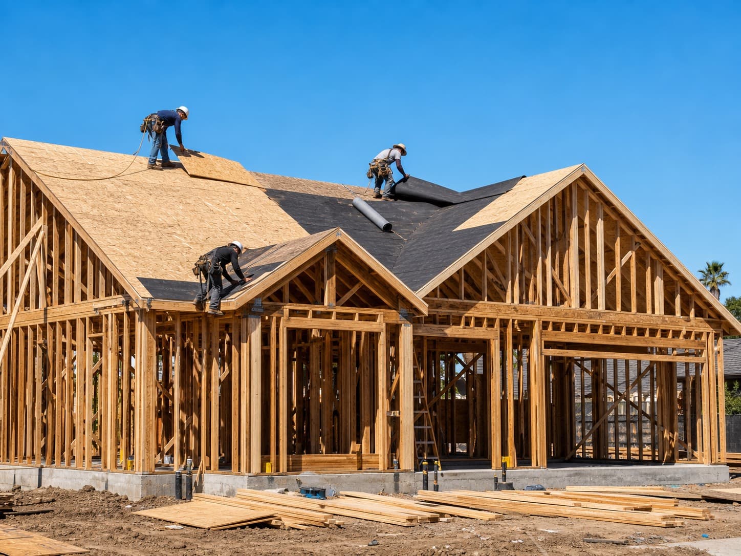 New construction home with roofing decking and underlayment installation