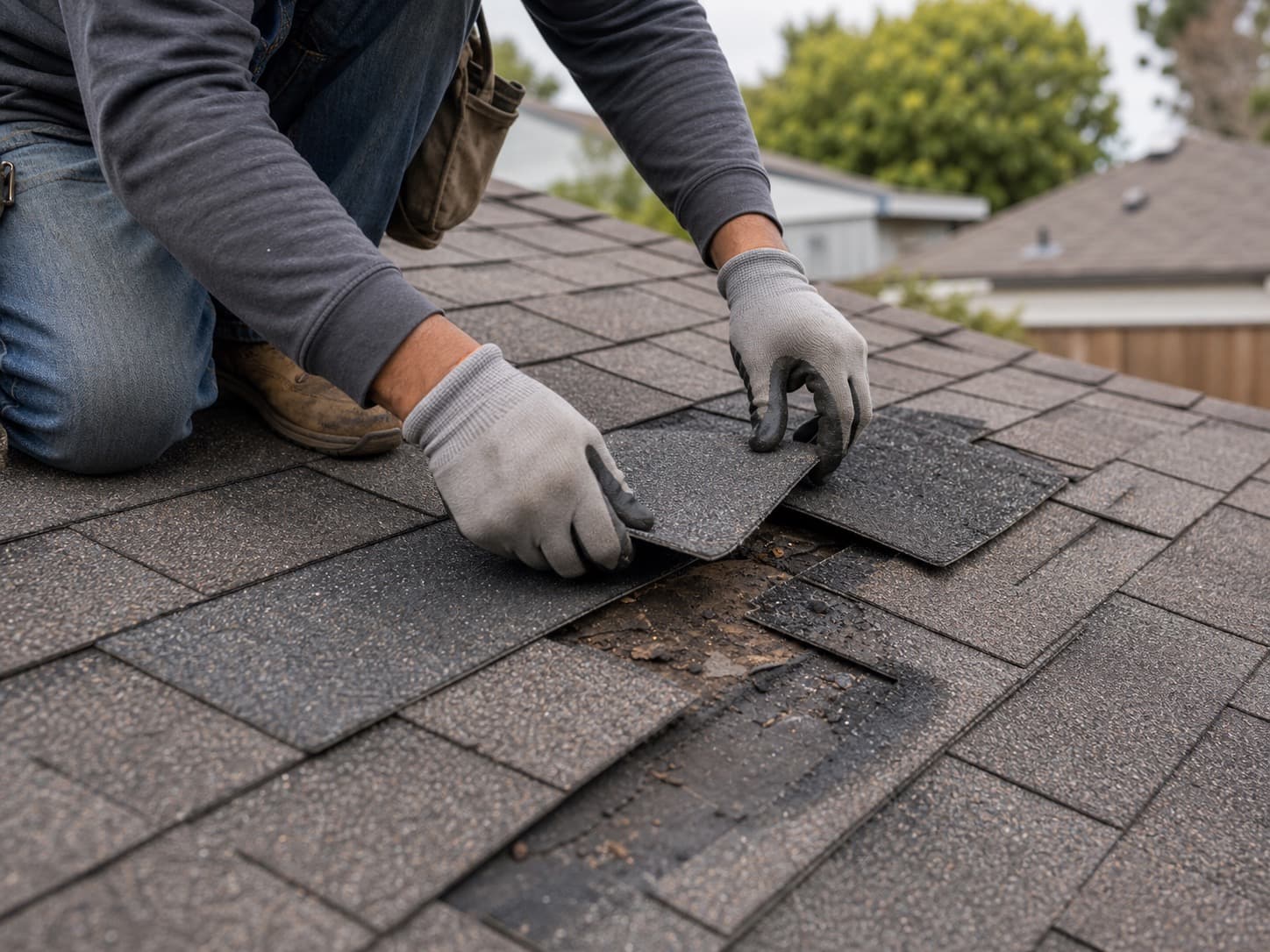 Roofer replacing damaged asphalt shingles up close