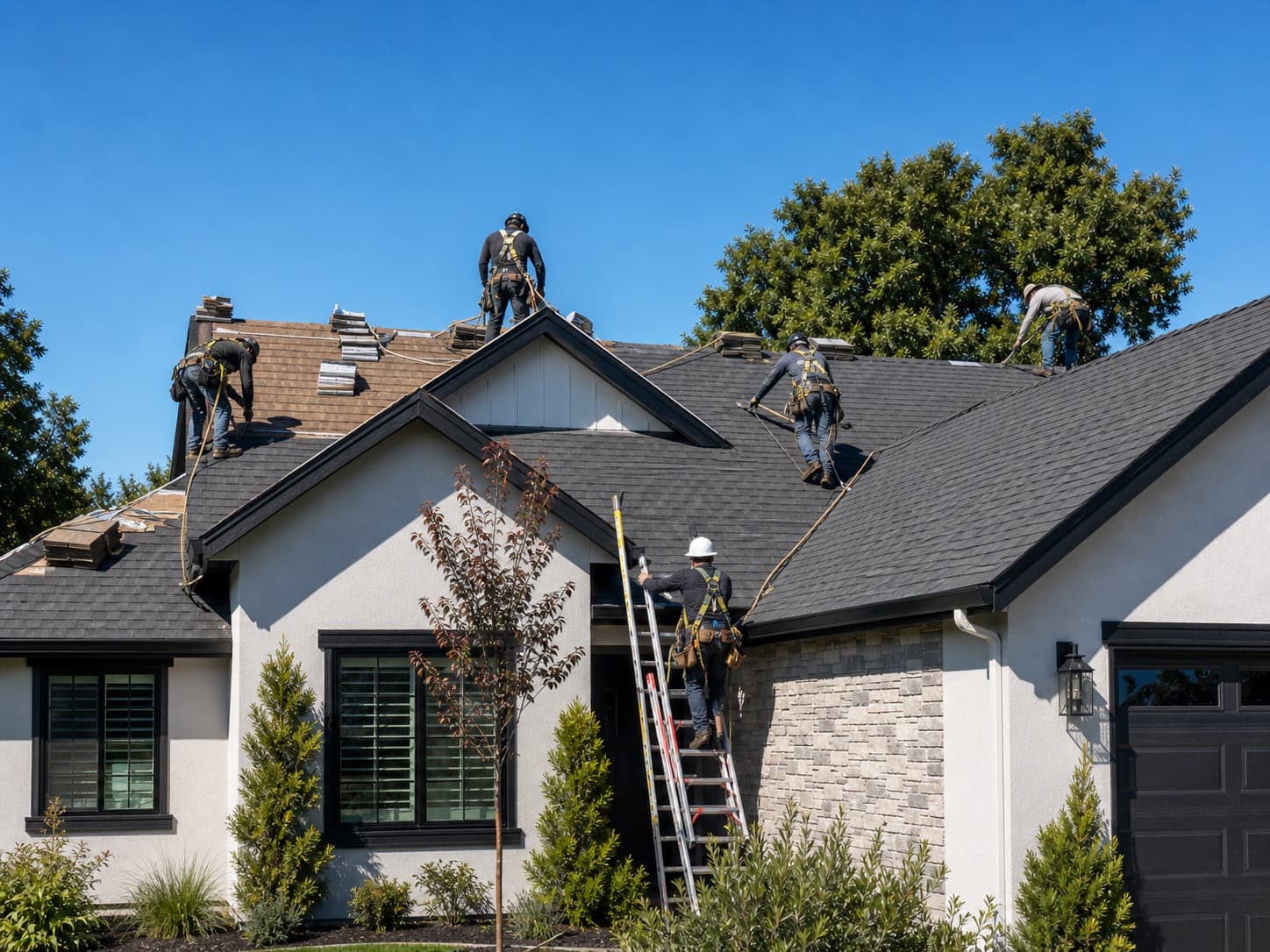 Roofing crew installing dark grey architectural shingles on a Sacramento home