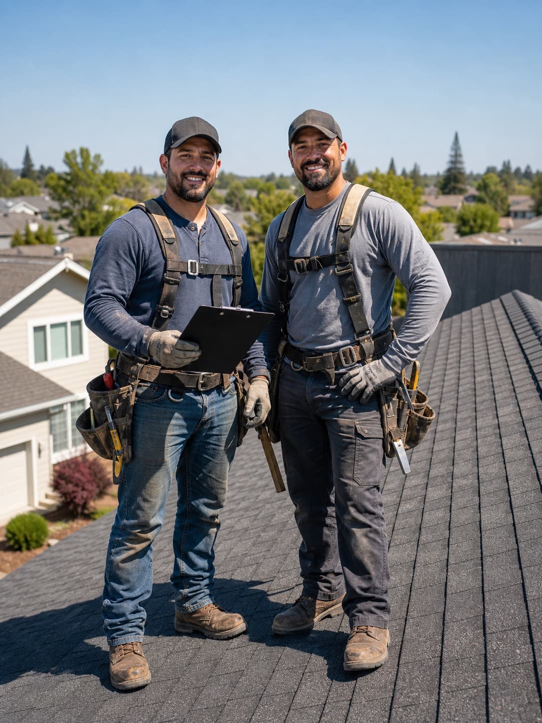 Two friendly Northridge roofing contractors standing on a completed roof